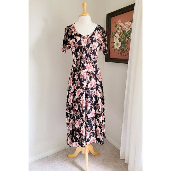 90s Black Floral Bias Cut 1990s Vintage Rayon Gauze V Neck Midi Dress - Picture 9 of 14